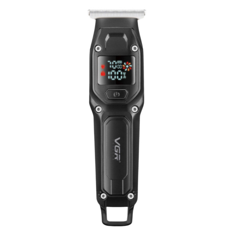 ماشین اصلاح موی سر و صورت وی جی ار مدل V-964 با تیغه کربن استیل، باتری لیتیومی 600 میلیآمپر، نمایشگر وضعیت باتری، عملکرد توربو، طراحی ارگونومیک و 3 شانه خط زن سایز 1، 2 و 3 میلیمتر