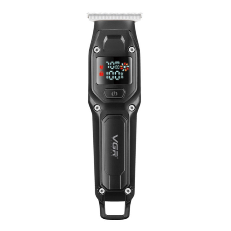 ماشین اصلاح موی سر و صورت وی جی ار مدل V-964 با تیغه کربن استیل، باتری لیتیومی 600 میلیآمپر، نمایشگر وضعیت باتری، عملکرد توربو، طراحی ارگونومیک و 3 شانه خط زن سایز 1، 2 و 3 میلیمتر